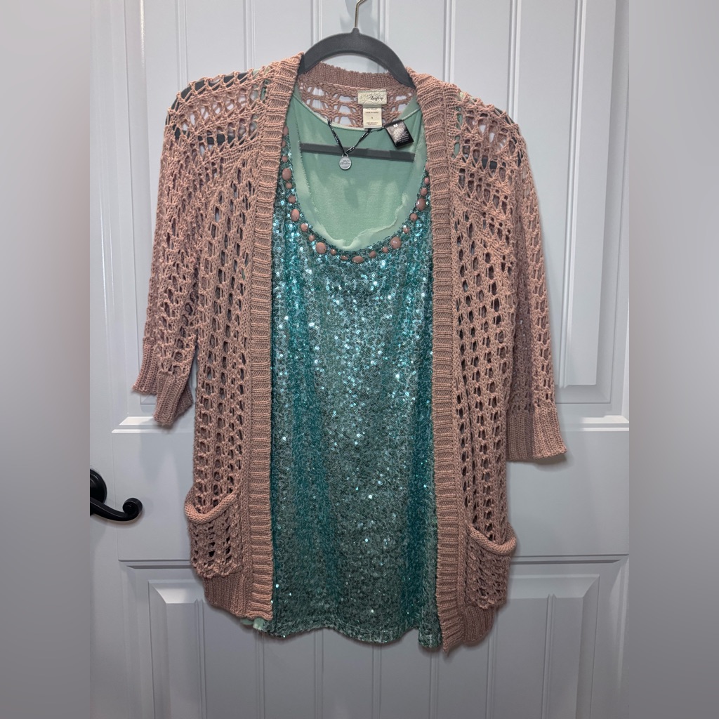 Knit Cardigan With Teal Sequin Top Bke Small Medium